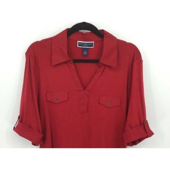 AVA & VIV Top Plus 1X Red Tunic Collar V-Neck Shor - Picture 2 of 6
